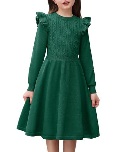 Image of Arshiner Girls Knitted Pullover Dress Autumn Winter Dress Long Sleeve Sweater Dress Chrismasdress A-Line Festive Casual Dress Green 8/7-8 Years