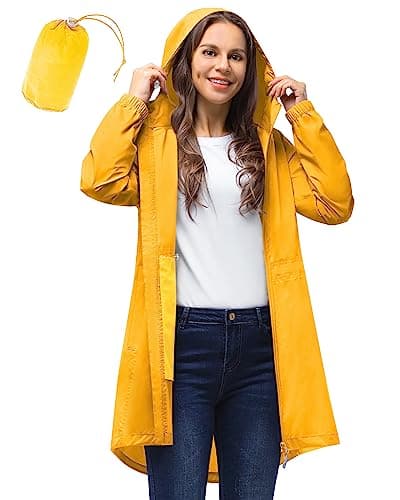 Image of 33,000ft Women's Rain Jacket Lightweight Hooded Long Rain Coat Waterproof Jacket Ladies Packable Functional Jacket Windbreaker Breathable Active Outdoor Coats Yellow M/12