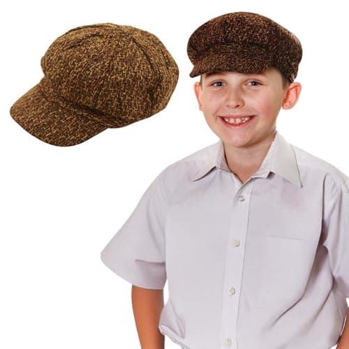 Image of FUN FABLES Kids Baker Boy Flat Cap – Classic 8-Panel Victorian Newsboy Hat, 1920s 1930s Gatsby Peaky Gangster Cap, Fancy Dress Accessories for Boys & Girls Brown (UK, Alpha, One Size, 1 Hat, Brown)