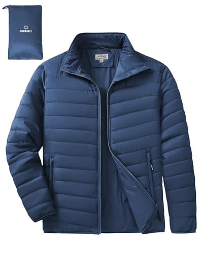 Image of Outdoor Ventures Men's Packable Puffer Jacket Insulated Lightweight Puffy Coat Warm Portable Padded Water Resistant Jacket for Hiking Travelling Camping Navy Blue L
