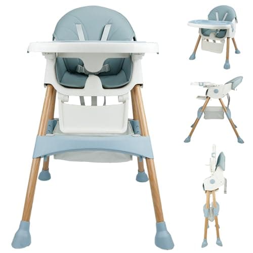 Image of Baby High Chair Foldable Highchair, High Chairs for Babies and Toddlers Adjustable Height & Reclining Seat Detachable Double Tray, Ergonomic Feeding Portable Highchairs for Newborn 6 Months to 5 Years