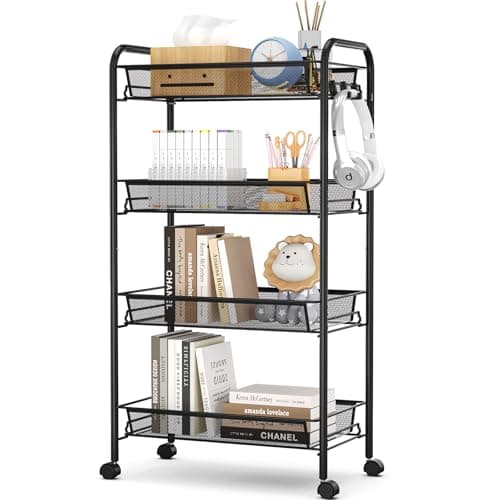 Image of APEXCHASER 4-Tier Rolling Cart,Easy Assemble Mobile Storage Trolley On Wheels,Slide Out Utility Cart Shelving Units Kitchen Bathroom Laundry Room,Black