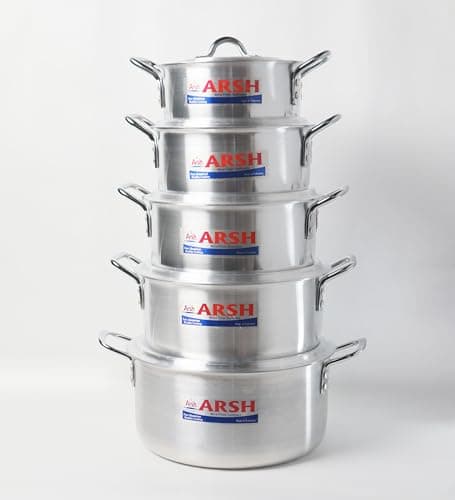 Image of Arsh Aluminium Stockpot Set with Lids, Silver, 5 Piece, 3.5L to 9.5L Capacity, 21cm to 31cm Diameter, Heavy Duty Soup Pot Saucepan (Set)