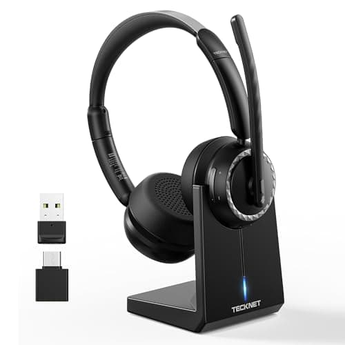 Image of TECKNET Wireless Headset, Bluetooth Headset with AI Noise Cancelling Microphone, USB Dongle &Charging Dock Included,Headsets with Microphone Suitable for Phones/Computers/Trucker/Call Center