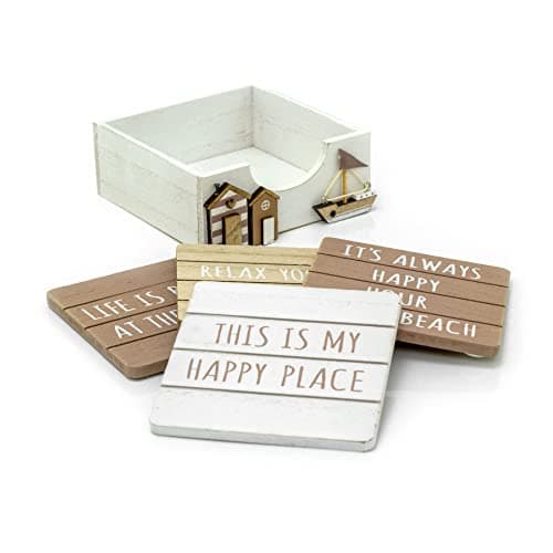 Image of Set Of 4 Seashore Wooden Coaster With Holder | Nautical Drinks Coasters With Quotes | Square Coastal Beach Hut Coaster Set