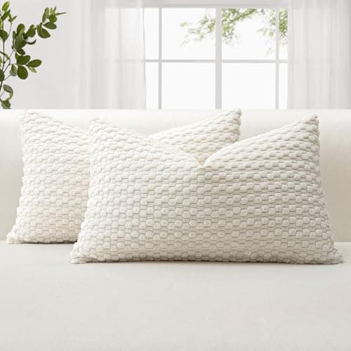 Image of JOTOM Corduroy Soft Decorative Cushion Covers 40x60 cm Set of 2 Decorative Throw Pillow Covers with 3D Bubble Texture Pillowcase for Couch Sofa Bedroom Soft Cushion Case for Home Decor (Cream White)