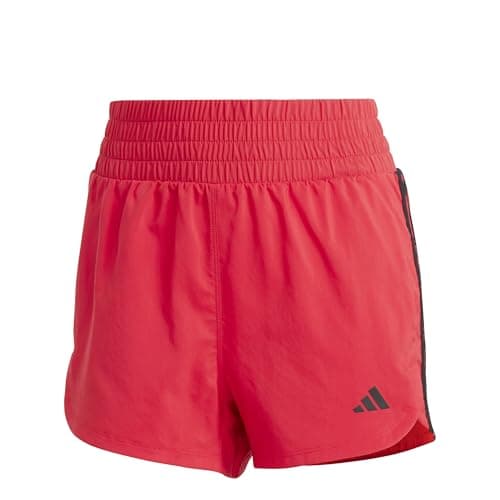 Image of adidas Women's Pacer Training 3-Stripes Woven High-Rise Shorts, Pure Ruby/White, M 5 inch
