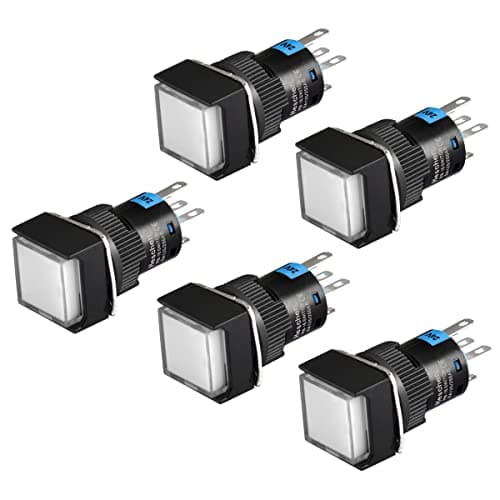 Image of Heschen 16mm Square Momentary Push Button Switch 1NO 1NC 5Pin 24V LED Lamp 5Pack (White)