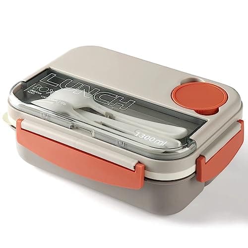 Image of JIUFOXINO Bento Box Lunch Boxes,1300ML Stackable for Adults,Leak-Proof Container with Compartments,4-in-1 Lunchbox Sauce Pot Cutlery Set,Microwave Dishwasher Safe Available. (Beige)