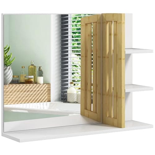 Image of HOMCOM Modern Bathroom Mirror with Shelf, Wall-mounted Vanity Mirror with 4 Storage Shelves and Bamboo Panel for Make Up, White