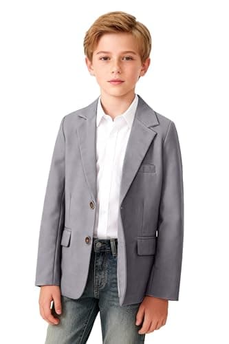 Image of LOLANTA Boys Casual Blazer, Kids Solid Classic Suit Jacket, Single Breasted with Flap Pocket, Grey, 12-13 Years, 170