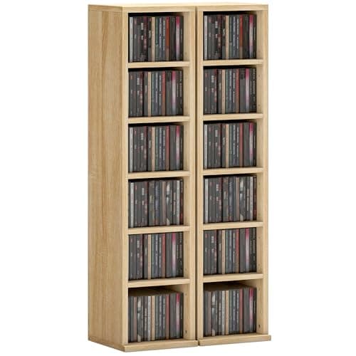 Image of HOMCOM 204 CD Storage Units Set of 2, Blu-Ray Tower Rack with Adjustable Shelves, Bookcase Storage Organiser, Oak