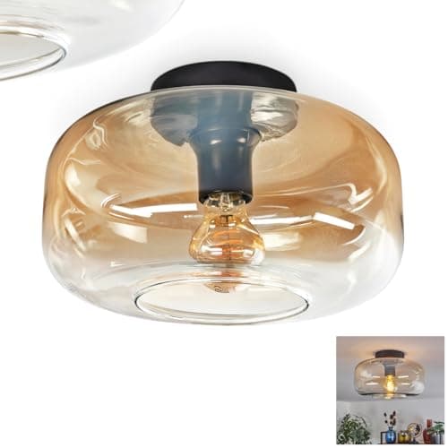 Image of HOFSTEIN ceiling light Boza, round ceiling lamp, metal/glass, black/amber/clear, modern retro/vintage design with a glass lamp shade (Ø 28 cm), 1 x E27, office, bedroom, living room, kitchen, corridor