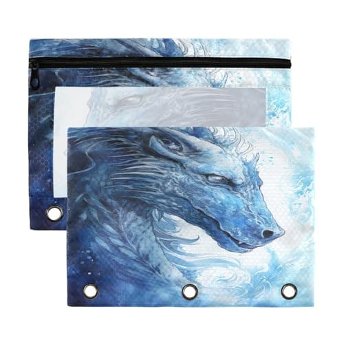 Image of Fuauuyl Ice Dragon Painting Pencil Pouch for 3 Ring Binder Clear Window Pencil Case for Binder Pencil Bags with Zipper -2 Pack