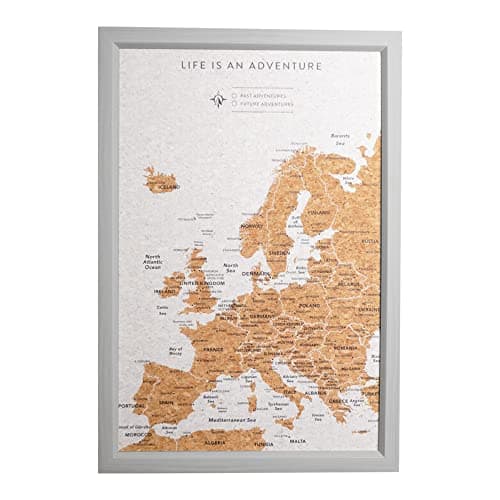 Image of Splosh Small Europe Travel Pin Board in Grey Wooden Frame With 100 Pins to Mark Past & Future Adventures - Perfect for Planning