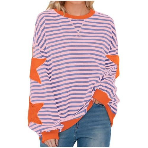 Image of Free People Oversized Sweatshirt for Women Striped Star Pullover Tops Drop Shoulder Long Sleeve Sweatshirts Y2k Tops Loose Fit Casual Blouses Pullovers Baggy Lightweight Tops Spring Fall Blouse