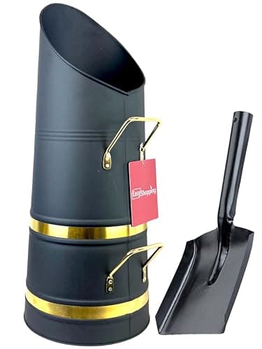 Image of Heavy Duty Anthracite 22" Coal Hod, Bucket Coal Scuttle Black and Brass High Quality for Fireplace Fire Side with Free Ash Shovel