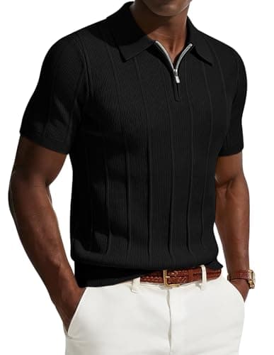 Image of PJ PAUL JONES Men's Polo Shirts 1/4 Zip Short Sleeve Knitted Polo Shirt Summer T Shirts Black L
