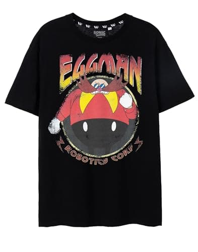 Image of Sonic The Hedgehog Mens T-Shirt | Black Eggman Robotics Corp Graphic Tee for Adults | Dr Robotnik Distressed Vintage Game Art Short-Sleeved Top | Classic Gaming Apparel Gift for Him