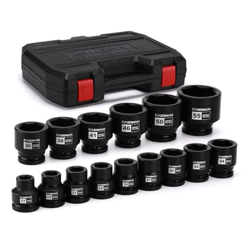 Image of CASOMAN 15-Piece 3/4" Drive Shallow Spindle Axle Nut Impact Socket Set, 6-Point, Standard Large Socket Set, Metric (17mm -55mm), CR-MO Steel, with Storage Case