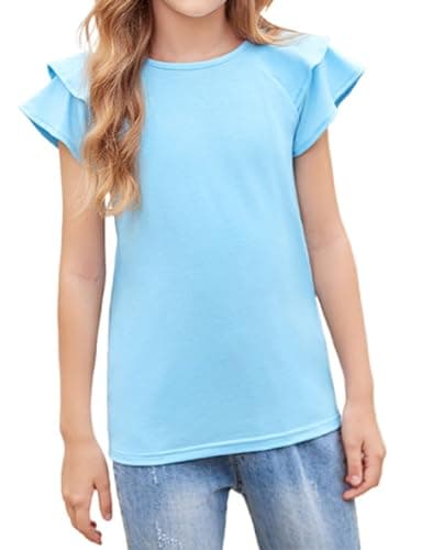 Image of Arshiner Girls T-Shirts Wavy Sleeves Kids Summer Cotton Short Sleeve Tops Casual Fashion Round Neck Tshirt for Girls 5-6 Years Blue