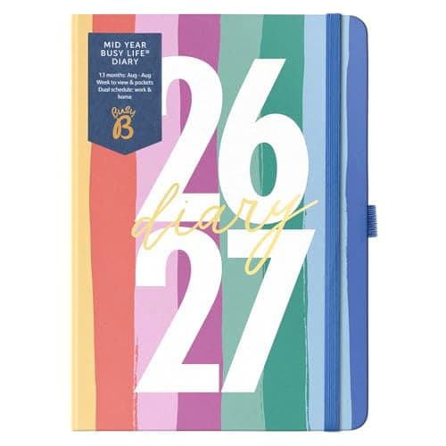 Image of Busy B Diary - A5 Mid-Year Academic Diary - Busy Life Weekly Journal - Aug '26 - Aug '27 – Multi Stripe Cover - Life Planner with Dual Schedules, Year Calendar, Pen Loop, Pockets & Elastic Closure