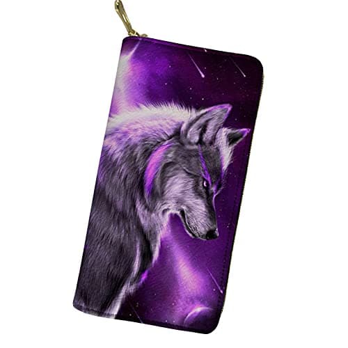 Image of Showudesigns Woman's Wallet Wolf Galaxy Pattern Purse Zip Around Clutch Ladies Teens Girls Card Holder Coin Pouch Organiser Purple