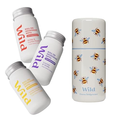 Image of Wild Refillable Antiperspirant Roll On Deodorant Starter Kit with 72 Hour Odour & Sweat Protection - Bee Print Case with Honey & Cactus Flower, Coconut & Vanilla, Vanilla Bean & Buttercream Refills
