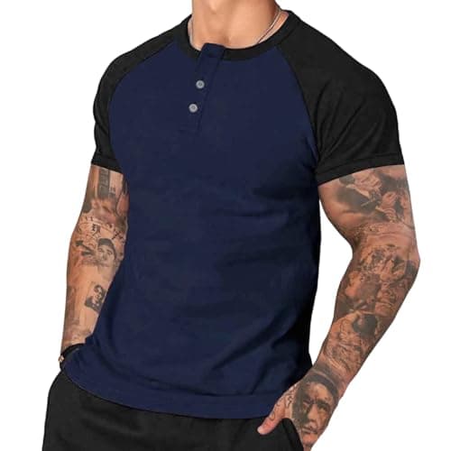 Image of Men's Raglan Sleeve Henley Shirts Contrast Short Sleeve T-Shirts for Men UK Color Block Baseball T Shirts Soft Breathable Regular Fit Tee Shirt Soft Comfy Sports Shirt Summer Casual Basic Tee Navy