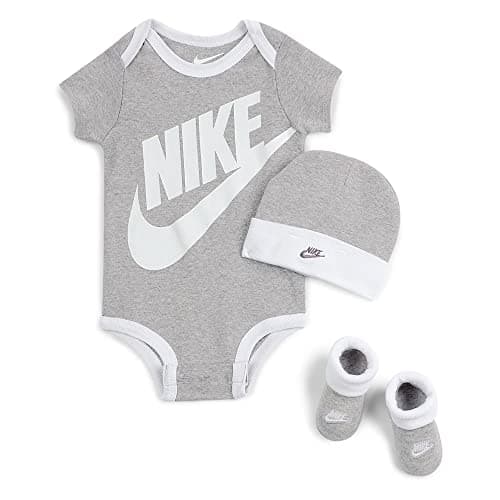 Image of NIKE Children's Apparel Baby Boys' Hat, Bodysuit and Bootie Three Piece Set Socks, Grey Sportswear, 0-6 Months