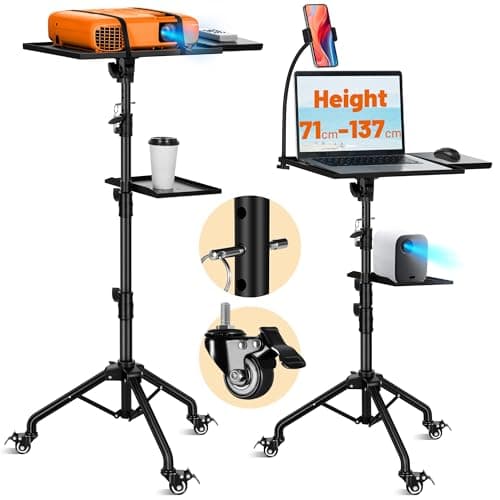 Image of CAHAYA Projector Stand Tripod Multifunctional - Height Adjustable Portable Laptop and Music Floor Stand with Tray Gooseneck Phone Holder and 360° Rotating Wheels for Meetings, Home, and Outdoor Use