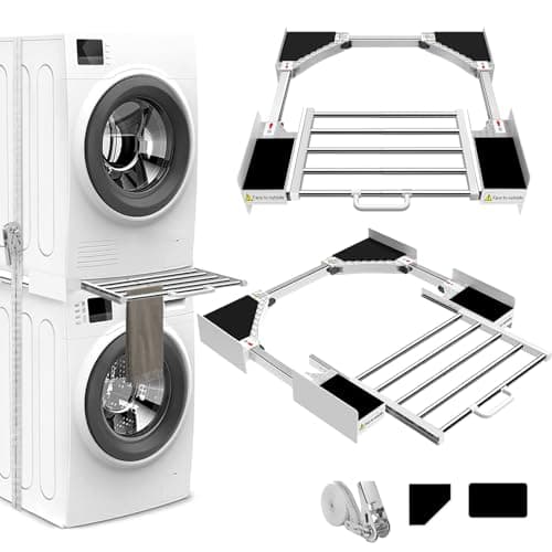 Image of NIUXX Universal Stacking Kit for Washer and Dryer - Adjustable Stacker Frame for 53-68 cm Tumble Washing Machine - Stackable Sliding Shelf with Ratchet Ropes & Anti Vibration Feet