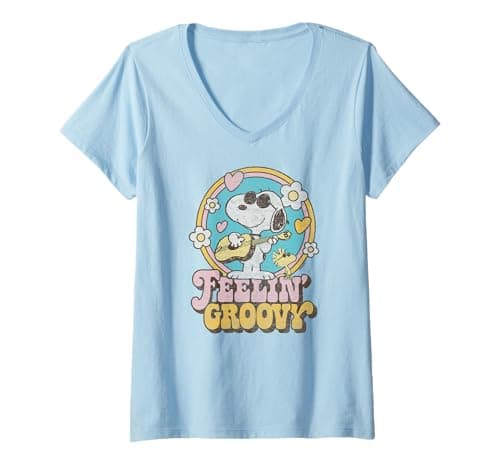 Image of Womens Peanuts - Feelin' Groovy Snoopy and Woodstock V-Neck T-Shirt