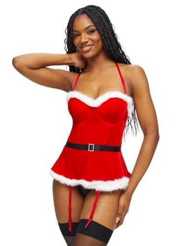 Image of Ann Summers Sexy Santa Basque Set – Red Lingerie Two-Piece with Velvet Basque, Black Thong, Faux Fur Trim & Diamante Belt – Flattering Womens Lingerie Set – Fancy Dress Costume for Festive Role Play