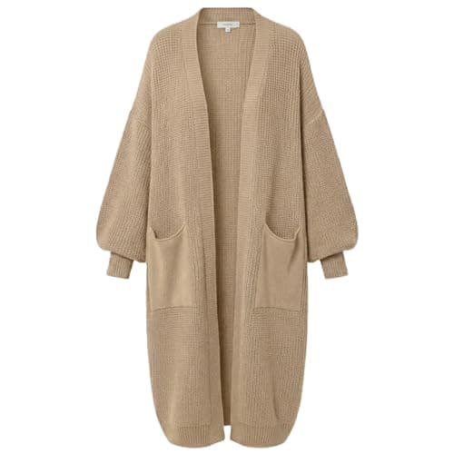 Image of FAIRY TRENDZ Women's Long Balloon Sleeve Cardigan - Chunky Knitted Open Front Coatigan with Pockets - Warm Thick Oversized Coatigan Jumper for Ladies (UK, Alpha, One Size, Regular, Regular, Beige)