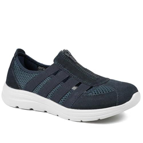 Image of Wide Fit Leather Memory Foam Trainers - Navy Size 5