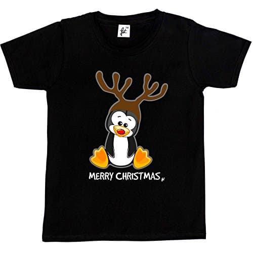 Image of Fancy A Snuggle Christmas Penguin with Red Nose & Reindeer Antlers Kids Boys/Girls T-Shirt Black 7-8 Year Old