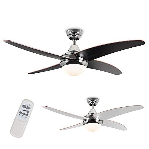 Image of MiniSun | 48" / 122cm Silver Chrome and Dark Wood Blade Ceiling Fan with Frosted Opal Shade | Home Décor, Bedside & Desk Lamp | Includes Remote Control | Mains Wired