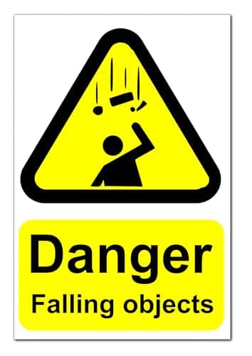 Image of Danger Falling Objects Warning Stickers x2 - Peel and Stick 200mm x 300mm Safety Sign - Printed and Laminated for Clear Visibility in Hazardous Areas, Workplace and Industrial Use