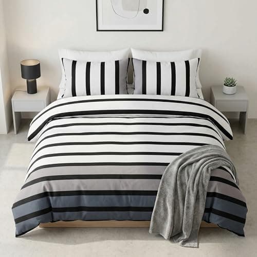 Image of Soho Black Stripe Duvet Cover Quilt Bedding Set, 3pieces, Black White Grey, Double Size by Rapport