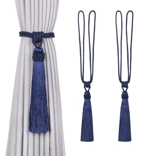 Image of Pretty Jolly 2 Pack Long Tassel Curtain Tiebacks European Style Decorative Drape Tie Backs Elegant Handmade Braided Rope Knot Curtain Holdbacks for Home & Office Window Drapery (Dark Blue)