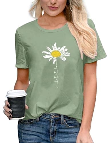 Image of TOPLAZA Daisy Graphic T Shirt Women Short Sleeve Crew Neck Casual Summer Tee Tops, Green, M