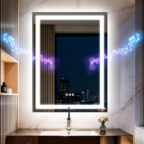 Image of Olyvren 600 * 800 mm LED Bathroom Mirror with Lights,Bluetooth Dual Speaker,Anti-Fog,3 Color Temperature,Dimmable Brightness,Memory Function,Waterproof,Wall Mount Design,Tempered Glass