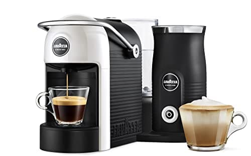 Image of Lavazza, A Modo Mio Jolie & Milk EVO Coffee Machine Made from 33% Recycled Plastic, with Integrated Milk Frother and Removable Grid, Compatible with A Modo Mio Pods, 1250 W, 220–240 V, 50–60 Hz, White