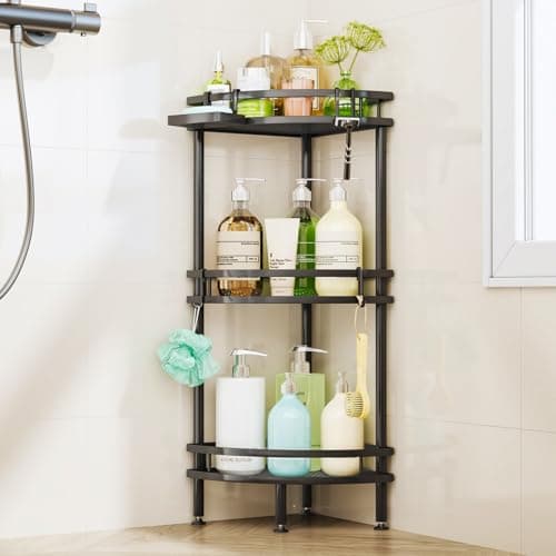 Image of HapiRm Freestanding Shower Caddy Corner- 3-Tier Rustproof Shower Corner Shelves with Soap Tray and 4 Hooks, Space-Saving Bathroom Caddy for Bathroom Organiser with 4 Adjustable Feet and Hook
