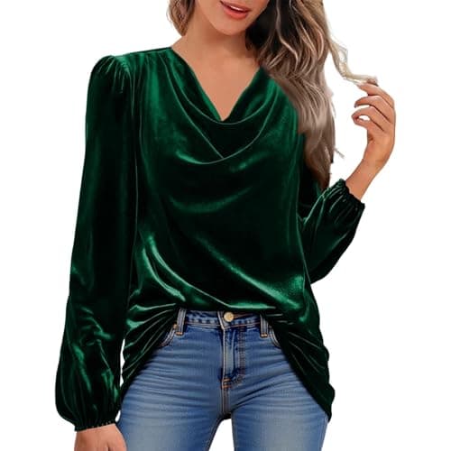 Image of Velvet Tops for Women Elegant Cowl Neck Pleated Blouse Dressy Casual Going Out Puff Long Sleeve Tops Autumn Clothes(Green, XL)