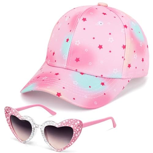 Image of BTHRORO Girls Baseball Cap Sunglasses for Kids, Tie Dye Trucker Cap Adjustable Baseball Hat Pink Heart Sunglasses UV Protection Fantasy Starry Sky Sun Visor Hat for Girls 3-10 Years