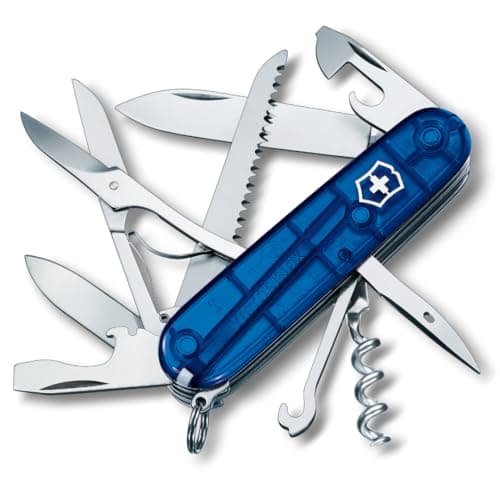 Image of Victorinox Huntsman Swiss Army Knife, Medium, Multi Tool, Camping Knife, 15 Functions, Large Blade, Bottle Opener, Blue Transparent