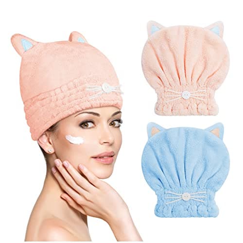 Image of ACWOO Hair Turban Towel, 2 Pack Ultra Absorbent Coral Fleece Hair Dry Cap Cute Hair Turban Towel, Soft Microfiber Hair Drying Towels Fast Dry Bath Head Wrap for Women, Girls