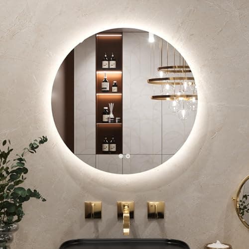 Image of Keonjinn Round Bathroom Mirror with LED Lights, 60cm Illuminated Light Up Bathroom Mirror with Backlit Light, Anti-Fog Wall Mounted Vanity Mirrors 3 Colors Dimmable, Memory Function